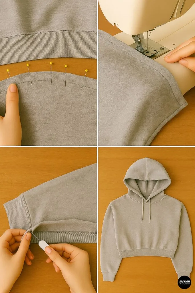 Step-by-step tutorial collage showing how to hem and finish the edges of a cropped hoodie after cutting for a DIY two-piece set.