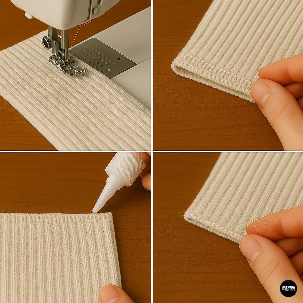 Methods to finish edges of DIY sock arm warmers&mdash;sewing with zigzag stitch or sealing with fabric glue for a neat, fray-free finish.