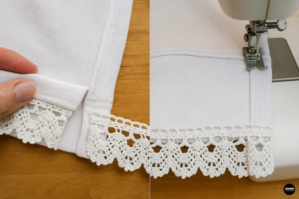 Folding and stitching lace edges on hoodie hem for clean finish, detailed step in sewing lace trim onto hoodie.