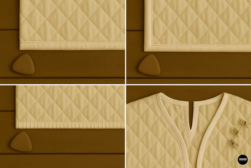 Tutorial showing finished quilted fabric edges with bias tape and neat stitching for a professional wrap coat finish.