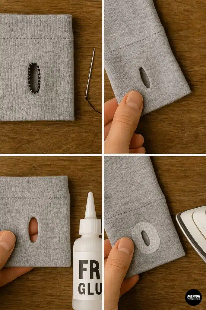 Close-up collage of four finishing methods for thumbhole edges: hand-stitched seam, clean cut, fabric glue, and stretch interfacing application with an iron on a gray sleeve.