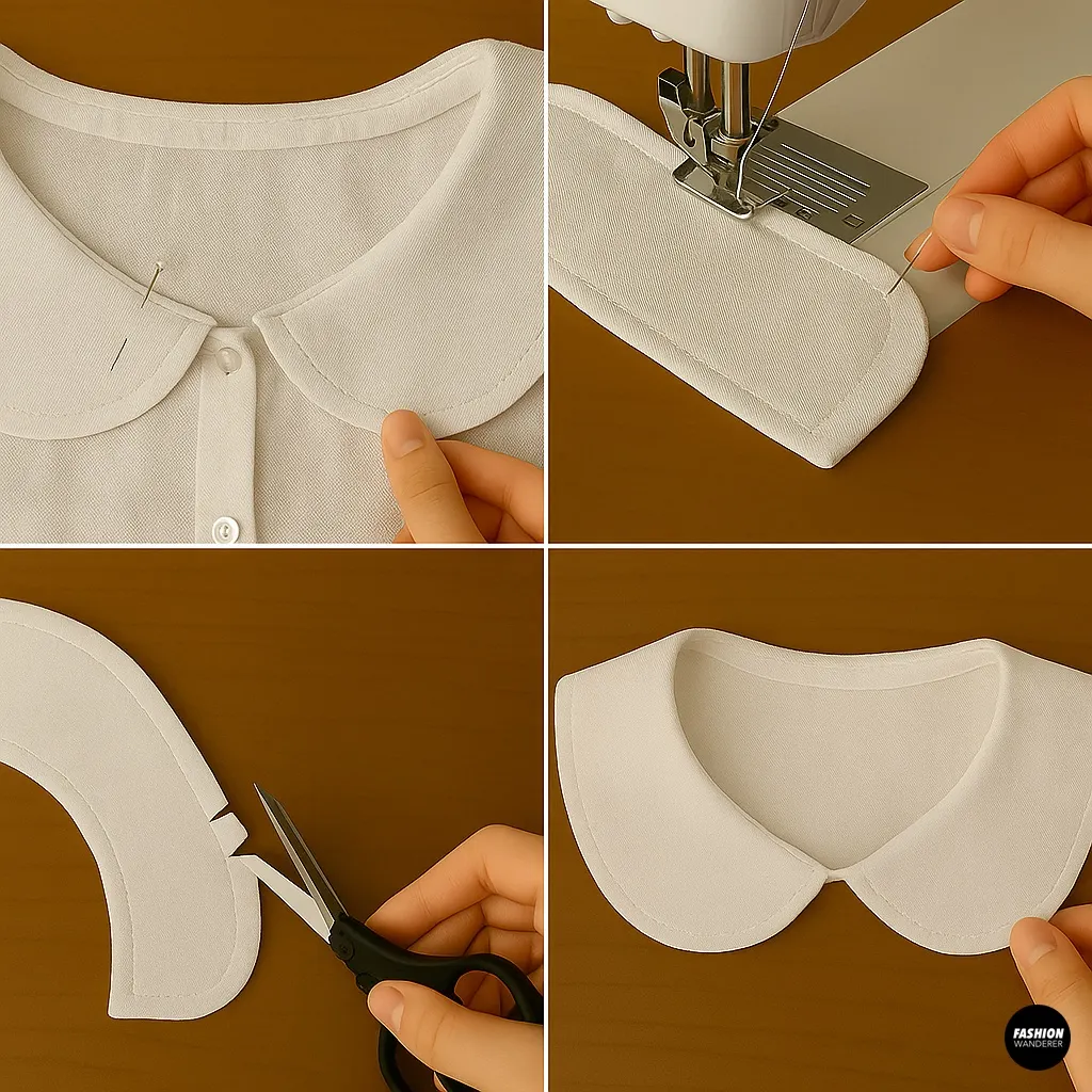 DIY tutorial sewing and finishing edges of handmade detachable collar pieces.