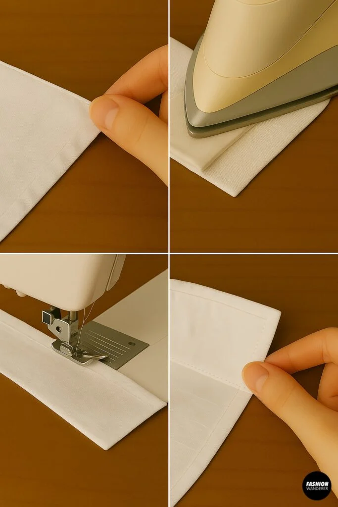 Close-up of sewing and pressing edges on an upcycled detachable collar for a clean finish.