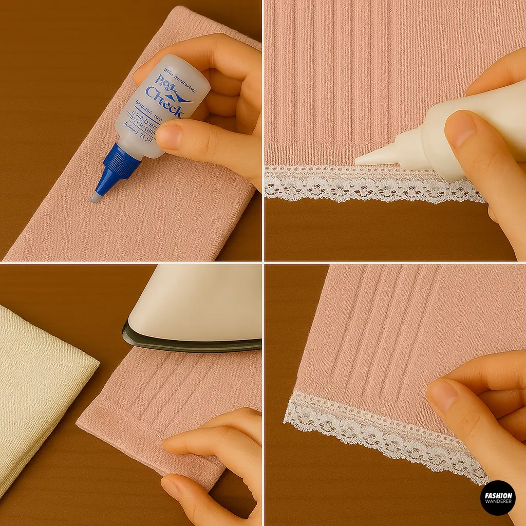 Beginner no-sew cardigan hem tutorial: applying Fray Check and fabric glue, pressing lace trim with iron, finished coquette shrug edge.