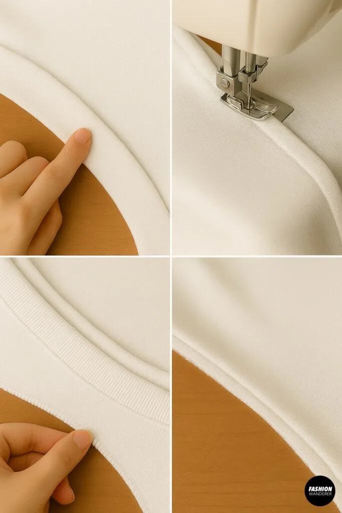 Sewing and finishing the neckline edge of a DIY off-the-shoulder hoodie with a sewing machine for a polished look.
