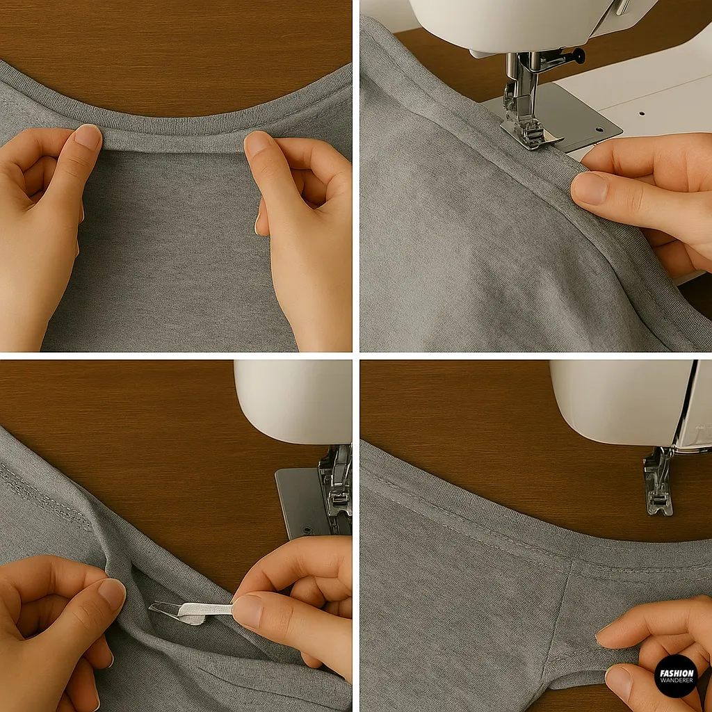 Four-panel image showing pinning, sewing, and trimming the sleeve hems of the off-shoulder baby tee using scissors and a sewing machine.