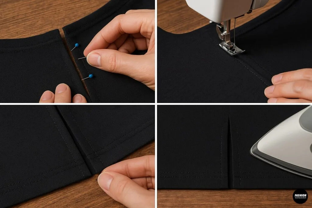 Step-by-step collage of finishing raw edges on slit sleeves using pins, a sewing machine, and pressing with an iron. Close-up views of stitched hems on black fabric.