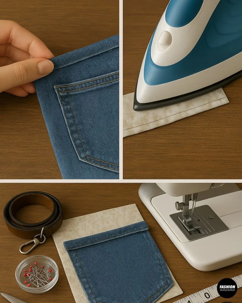 Step-by-step images of finishing the top edge of a lined denim pocket using an iron and sewing machine, with tools like scissors, pins, and measuring tape on a wood table.