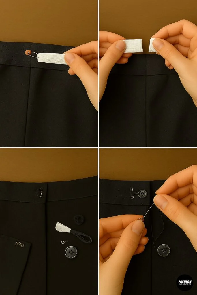Hands folding and pressing a narrow waistband strip with an iron and pins securing it to the top edge of the mini skirt for a clean finish.