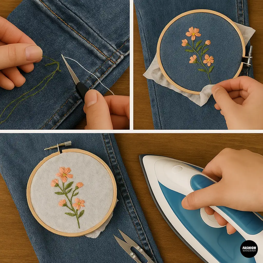 Final embroidery steps including trimming threads, pressing design with iron, and smoothing stabilizer backing on jeans for a polished finish.