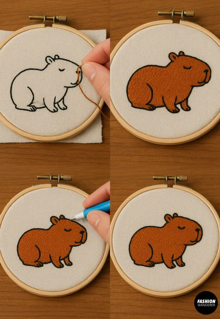 Final embroidery steps showing how to secure thread tails, remove markings, and complete the hand embroidery capybara project in a hoop.