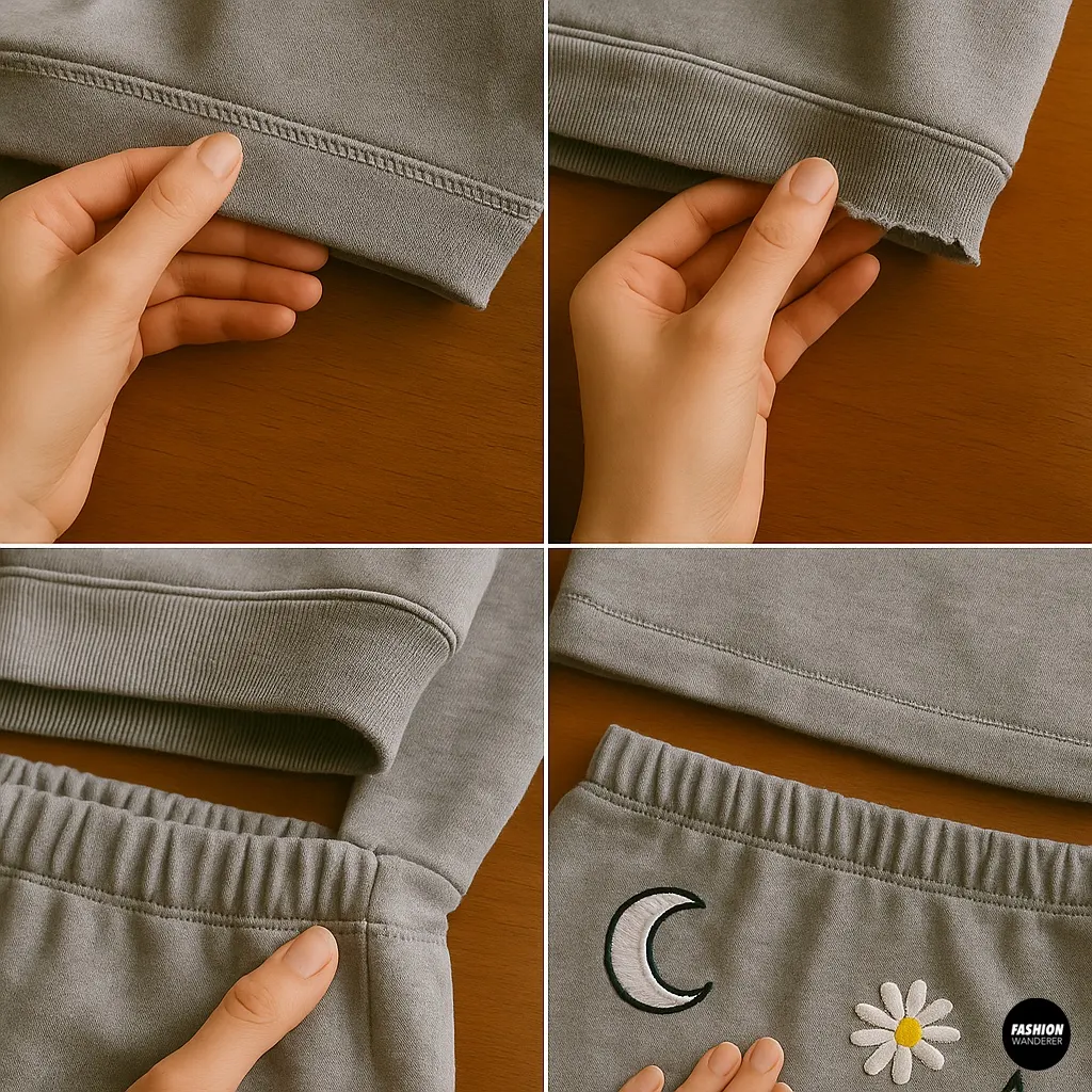 Four images of final refinements: hand checking a clean topstitch vs. raw-edge hem, smoothing jogger waistband, and adding embroidered patches (moon & daisy) to personalize.