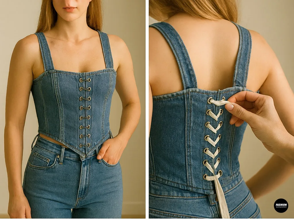 Corset fit test and adjustments &mdash; mannequin or body test fitting the assembled denim corset and pinning tweaks for perfect shape.
