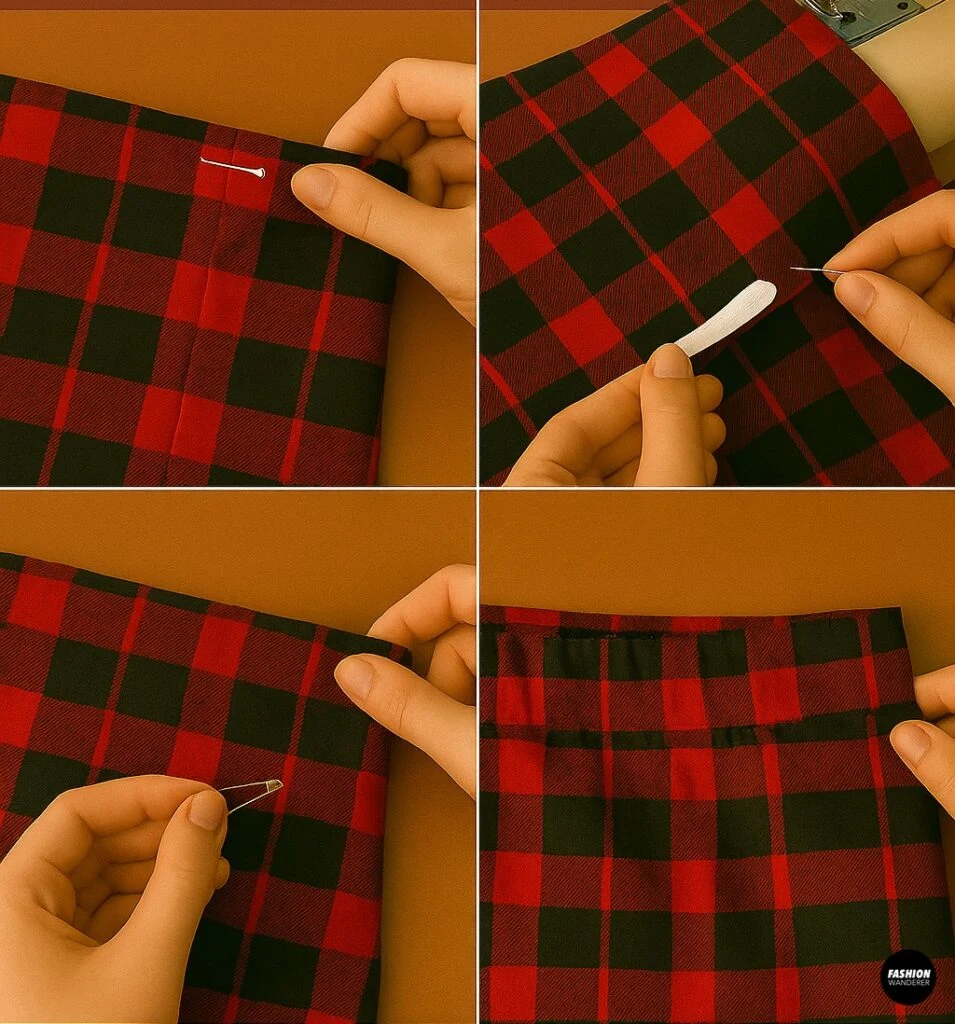 Step 4 of wrap skirt tutorial showing fabric folded and pinned to create a clean waistband on a sewing machine.