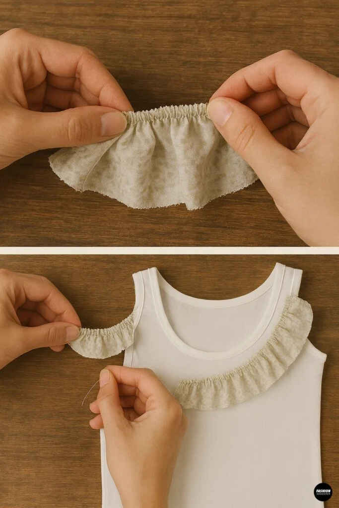 Vertical two-panel collage of gathering: (top) hands gently pulling on basting threads to form even gathers along the ruffle strip, (bottom) gathering the ruffle to match the tank&rsquo;s armhole curve&mdash;assembling DIY ruffle sleeves.