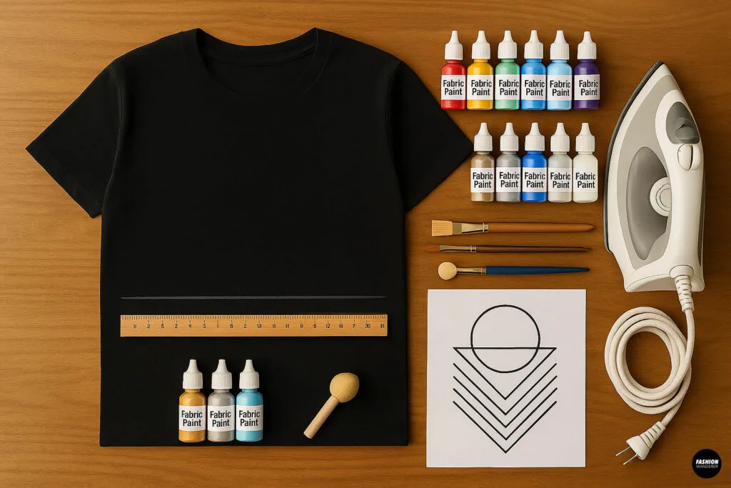 Flat lay of black t-shirt with wooden ruler, fabric paints in multiple colors, paint brushes, iron, and geometric design printed on paper, arranged on wooden surface for DIY fabric painting project.