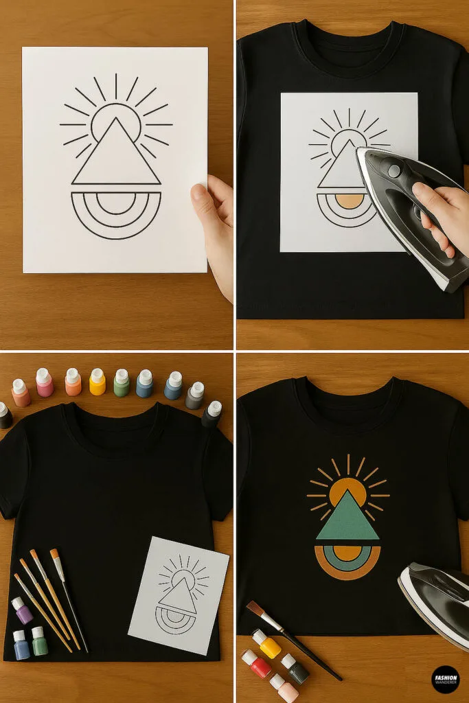 Step-by-step collage showing hands holding printed design, ironing design onto black t-shirt, fabric paints and brushes arranged around black t-shirt, and finished geometric painted design on black t-shirt.