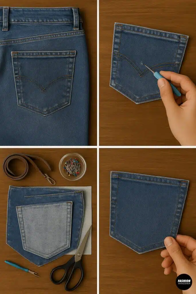 Step-by-step photo collage showing how to remove and prepare a denim jeans back pocket for a DIY sewing project, including using a seam ripper, scissors, and pinning materials on a wooden table background.
