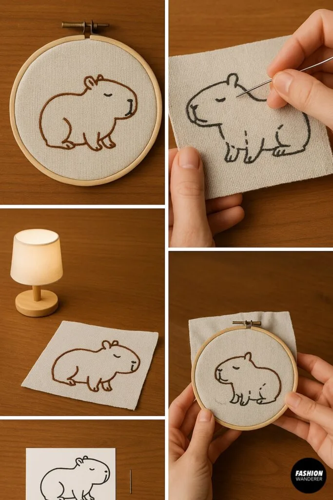 Step-by-step photo collage of stitching a capybara embroidery pattern, including fabric in hoop, needlework in progress, and traced pattern ready for stitching.
