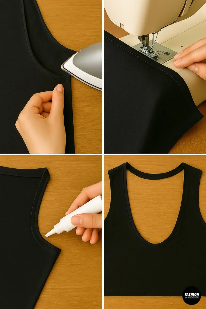 Step-by-step collage of ironing, sewing, and gluing the edges of a cut black t-shirt to finish and reinforce the backless top opening.