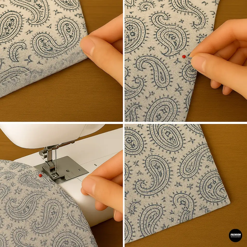 Four close-ups of folding and pinning a narrow hem on the kimono bottom edge and sleeve openings, stitching with a sewing machine, and a pressed hem detail.