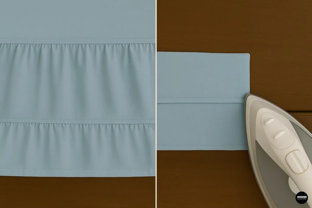 Close-up of hemming the bottom edge of a DIY ruffled skirt made from blue fabric, pressed flat with an iron.