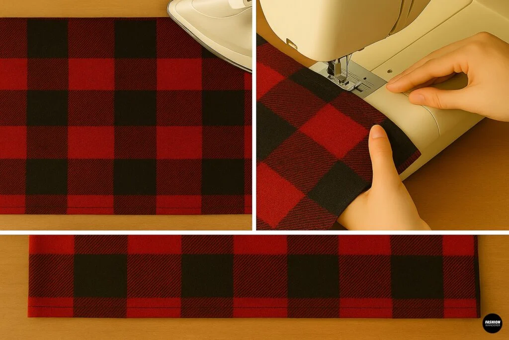 Step 6 of wrap skirt tutorial showing bottom hem folded, pressed, and sewn for a neat finished edge.