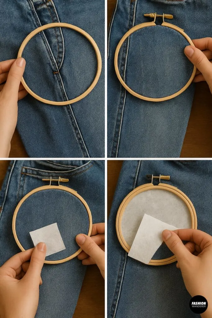 Step-by-step process showing how to secure denim in an embroidery hoop and apply stabilizer for clean, precise stitching on jeans.