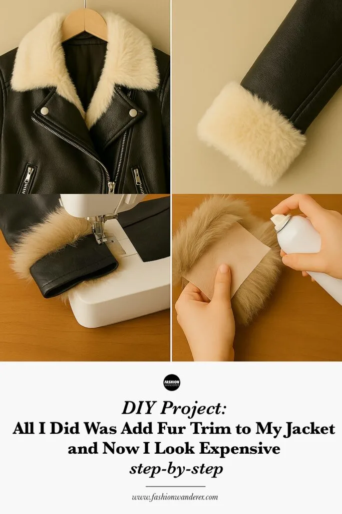 Step-by-step pinterest ready pin showing how to add faux fur trim to a jacket