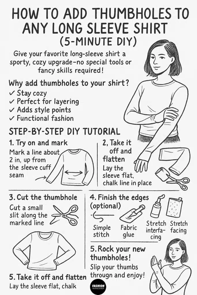 Black-and-white illustrated infographic titled &ldquo;How to Add Thumbholes to Any Long Sleeve Shirt (5-Minute DIY)&rdquo;; includes cartoon-style tutorial steps from marking to cutting and finishing thumbholes for cozy, layered fashion.