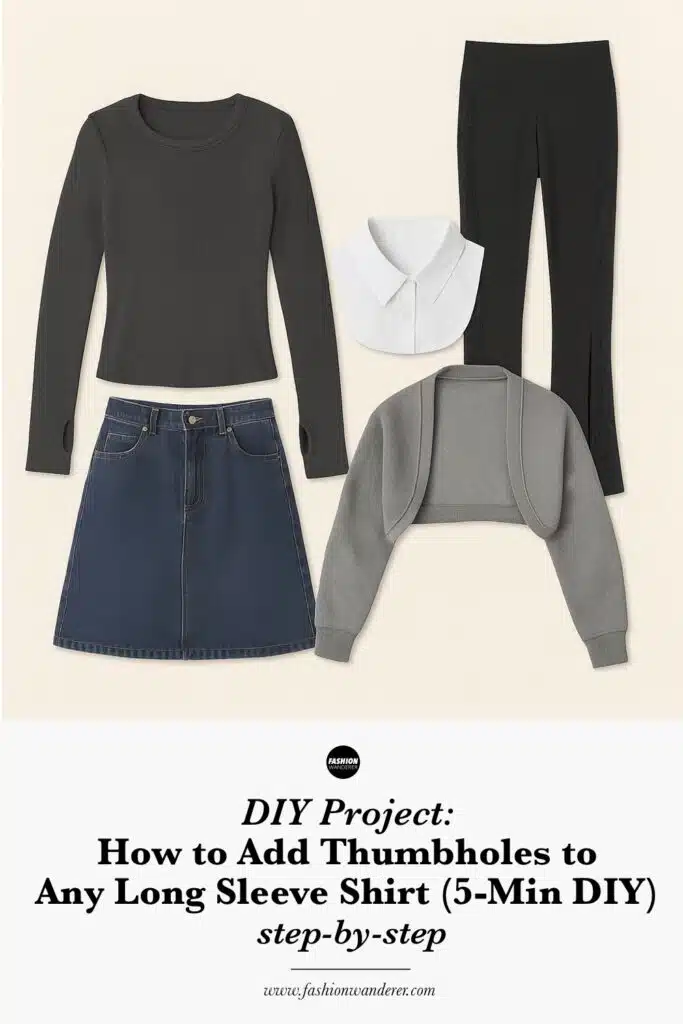 Pinterest-ready vertical graphic featuring a flatlay of a complete thumbhole sleeve outfit with denim skirt, faux collar, leggings, and gray top; includes &ldquo;DIY Project: How to Add Thumbholes to Any Long Sleeve Shirt (5-Min DIY)&rdquo;