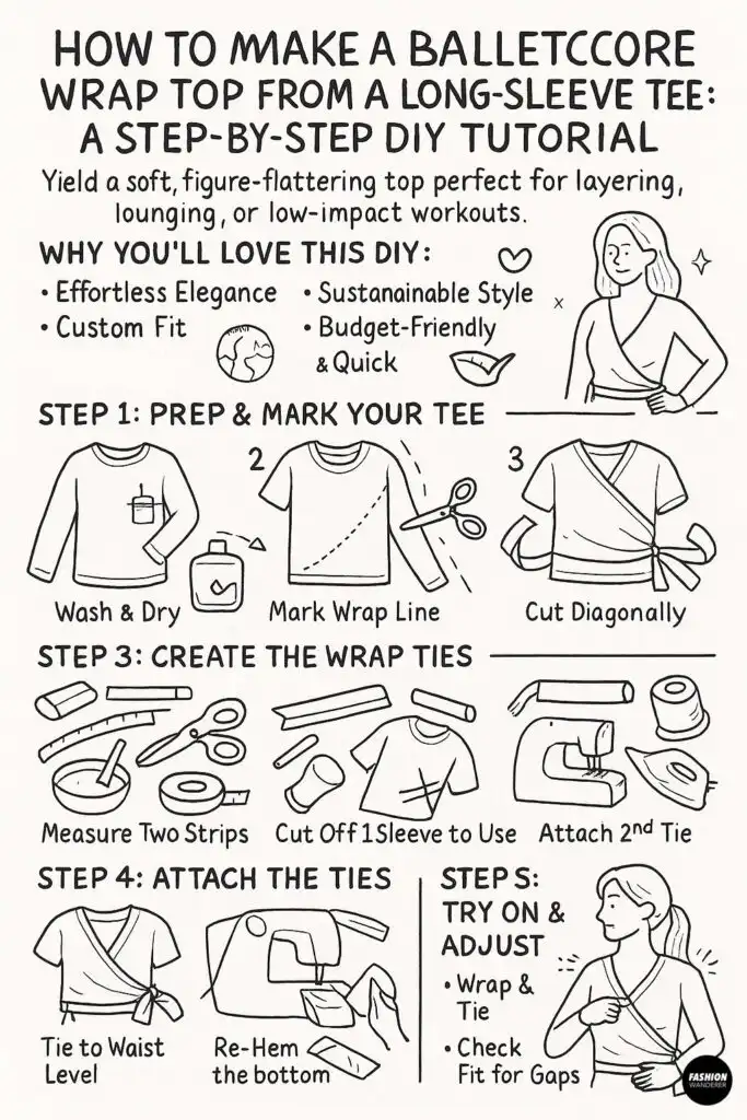Black and white hand-drawn Pinterest infographic titled &ldquo;How to Make a Balletcore Wrap Top from a Long-Sleeve Tee: A Step-by-Step DIY Tutorial&rdquo;; includes illustrated steps for cutting, creating wrap ties, attaching them, and adjusting the fit, highlighting the project&rsquo;s custom fit, effortless elegance, and budget-friendly appeal.