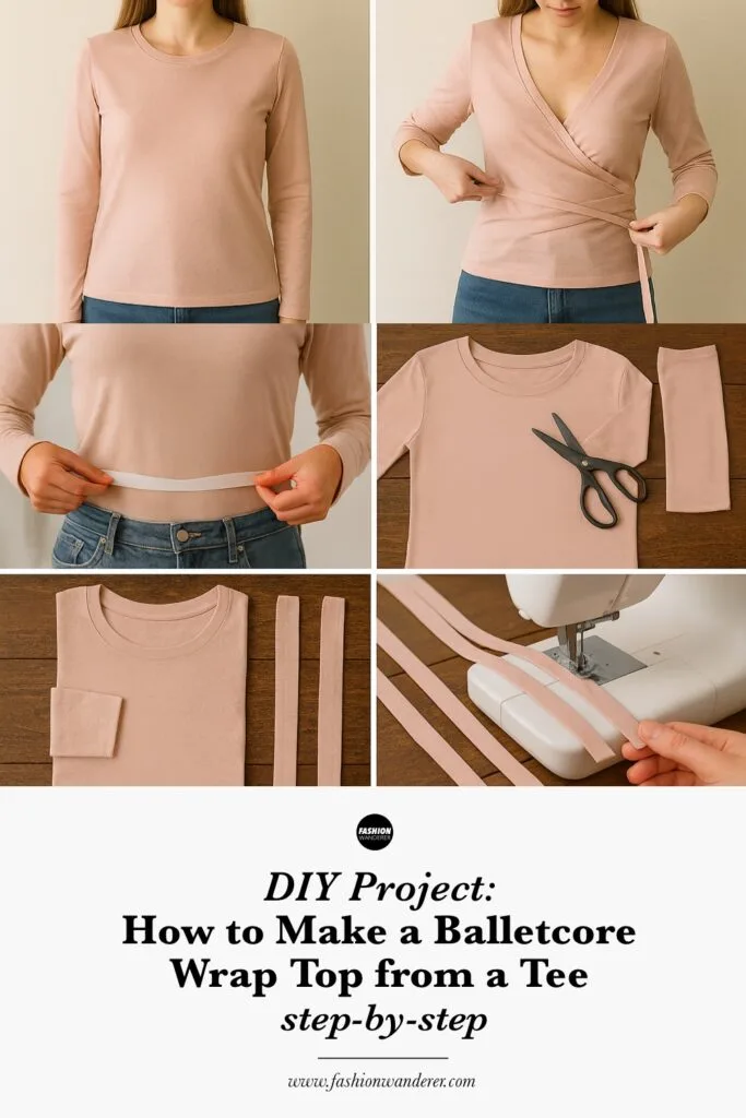 Step-by-step photo collage showing the process of turning a pink long-sleeve tee into a Balletcore wrap top, including measuring for wrap ties, cutting sleeves, sewing tie strips, and final styled result; text overlay reads &ldquo;DIY Project: How to Make a Balletcore Wrap Top from a Tee step-by-step&rdquo;