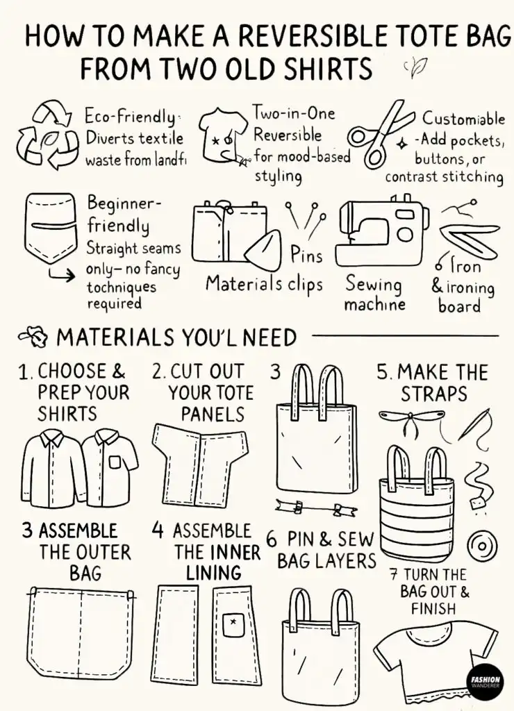 Hand-drawn infographic showing how to make a reversible tote bag from two old shirts, with step-by-step illustrations and materials list.