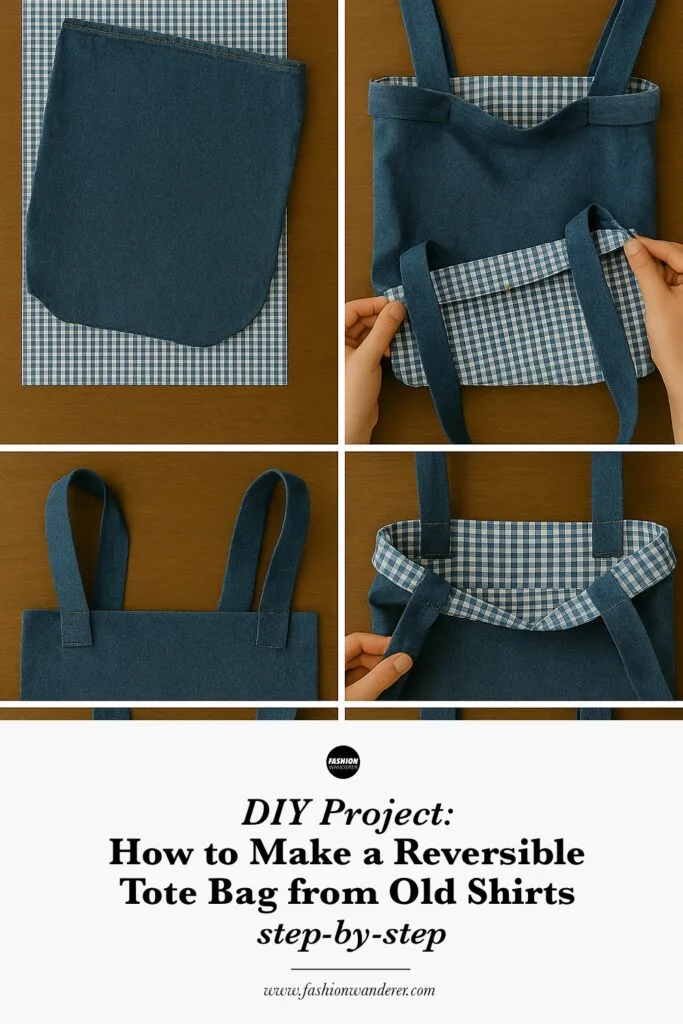 Pinterest ready image showing how to make a reversible tote bag from two old shirts with step-by-step instructions