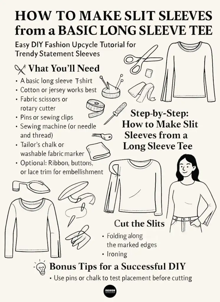 Black and white illustrated infographic showing step-by-step tutorial on how to make slit sleeves from a basic long sleeve tee. Includes materials list and visual instructions for cutting and embellishing DIY fashion sleeves.