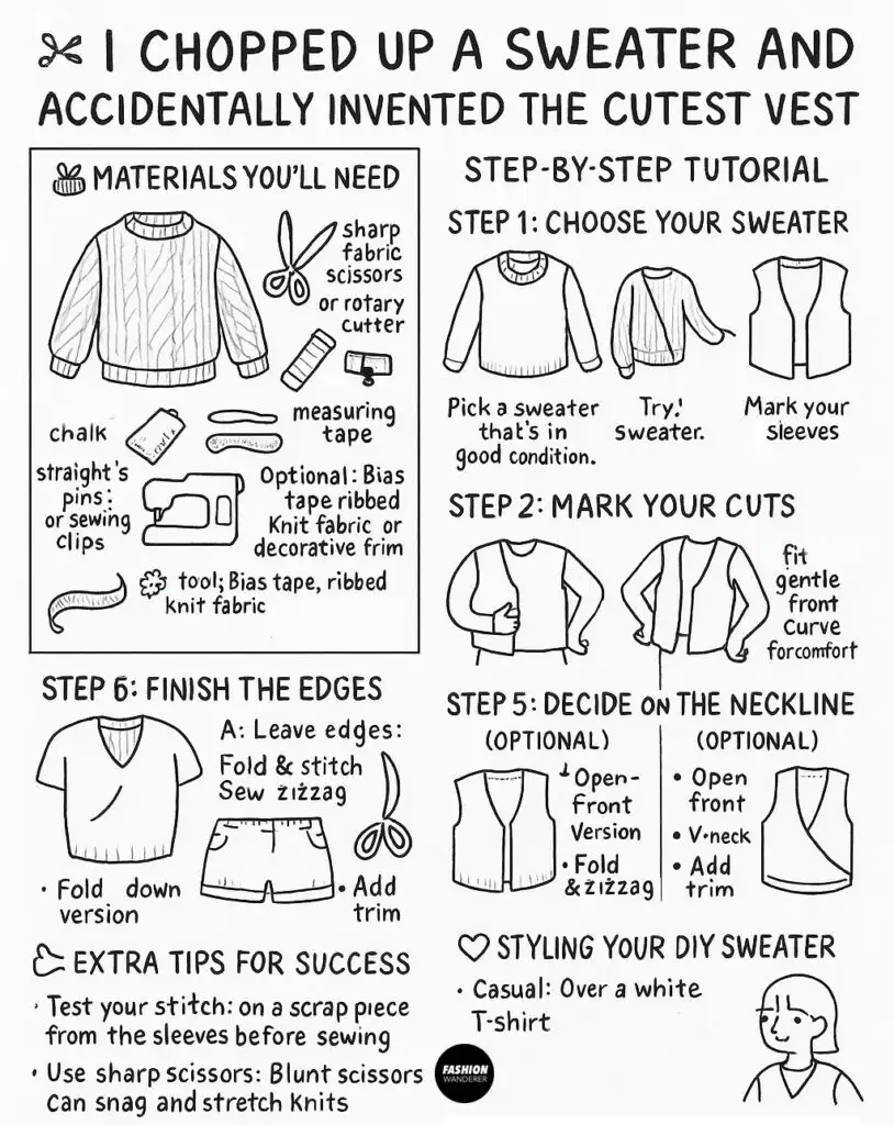 Black and white hand-drawn infographic tutorial titled &lsquo;I Chopped Up a Sweater and Accidentally Invented the Cutest Vest,&rsquo; showing step-by-step instructions for upcycling an old sweater into a DIY sweater vest. Includes materials list with scissors, chalk, measuring tape, sewing clips, and optional trim; illustrated steps for choosing a sweater, marking cuts, cutting sleeves, shaping armholes, deciding on neckline, and finishing edges; plus extra sewing tips and styling suggestions.