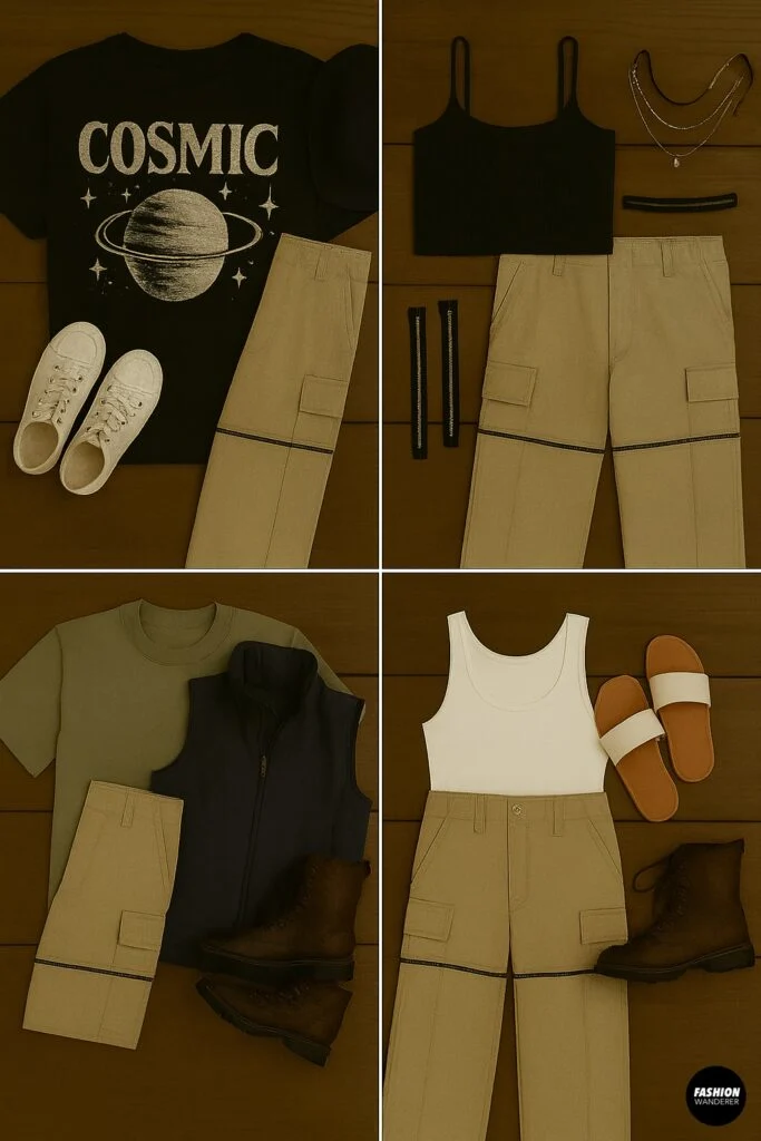 Four flatlay outfits styling DIY zip-off cargo pants: streetwear with graphic tee and sneakers, festival look with crop top and jewelry, hiking outfit with boots and vest, and casual everyday with white tank and slides.