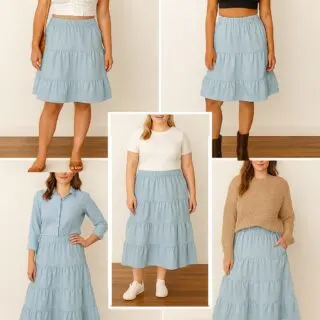 Fashion styling ideas for a DIY ruffled tier skirt paired with different tops including crop tops, sweaters, button-down shirts, and boots.