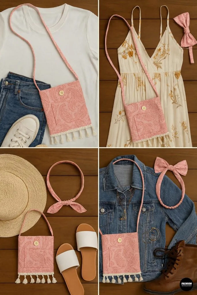 Collage of outfit ideas featuring a DIY pink paisley crossbody bag and matching headband styled four ways: with jeans, white tee, and sneakers for a casual look; with a floral maxi dress and sandals for boho chic; with straw hat and slides for a beach day; and with denim jacket, boots, and layered jewelry for festival vibes.