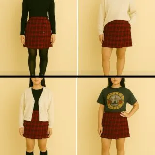 Collage of outfit ideas showing different ways to style a DIY plaid wrap skirt with turtlenecks, sweaters, cardigans, and combat boots.
