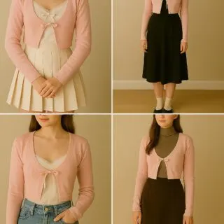 Outfit ideas for styling a DIY coquette shrug, including pairings with a pleated mini skirt, slip dress, high-waisted jeans, and a turtleneck for fall layering.