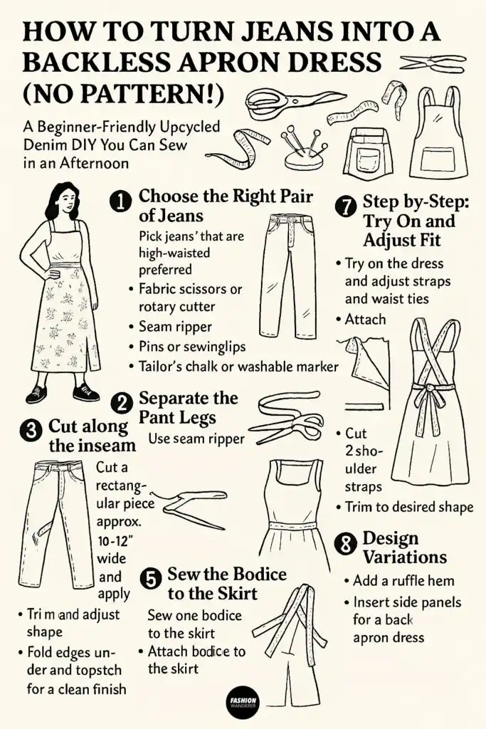 Step-by-step infographic for how to turn old jeans into a DIY backless apron dress without a sewing pattern. Beginner-friendly sewing tutorial with visual icons, materials list, and numbered instructions.