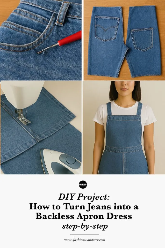 Pinterest graphic collage showing key steps in converting old jeans into a backless apron dress. Features seam ripper tool, cut pant legs, pressing seams, and final dress fit.