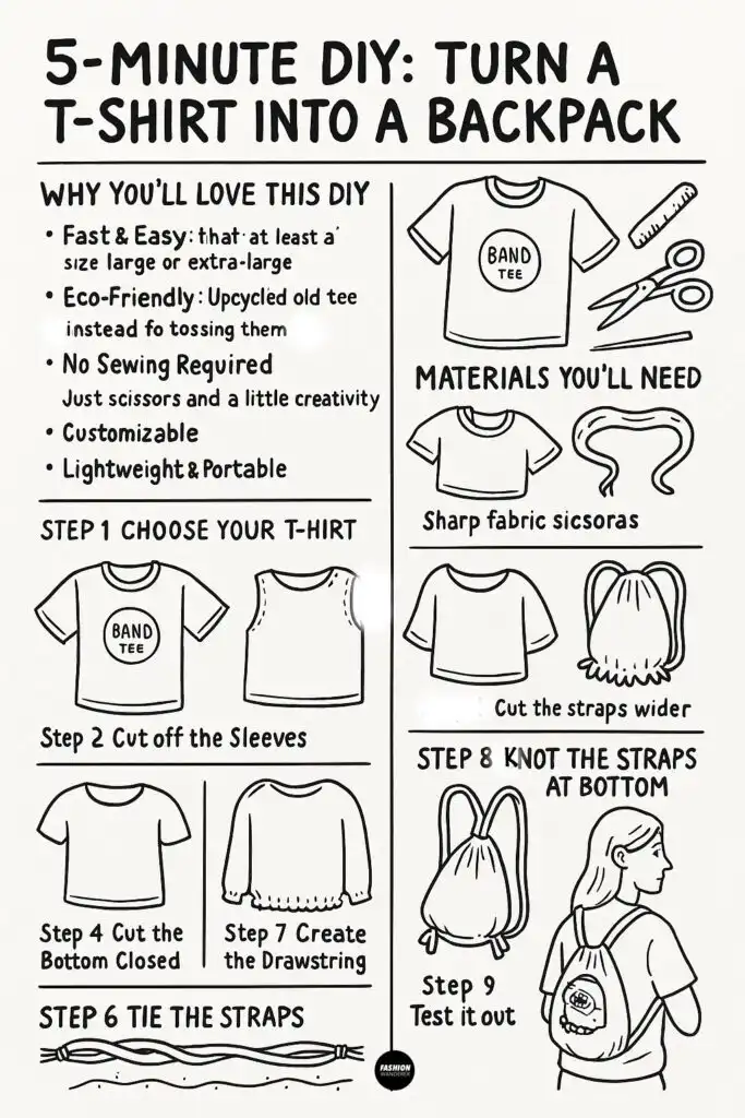 Black and white illustrated infographic showing step-by-step tutorial on how to turn a T-shirt into a DIY backpack in 5 minutes without sewing.