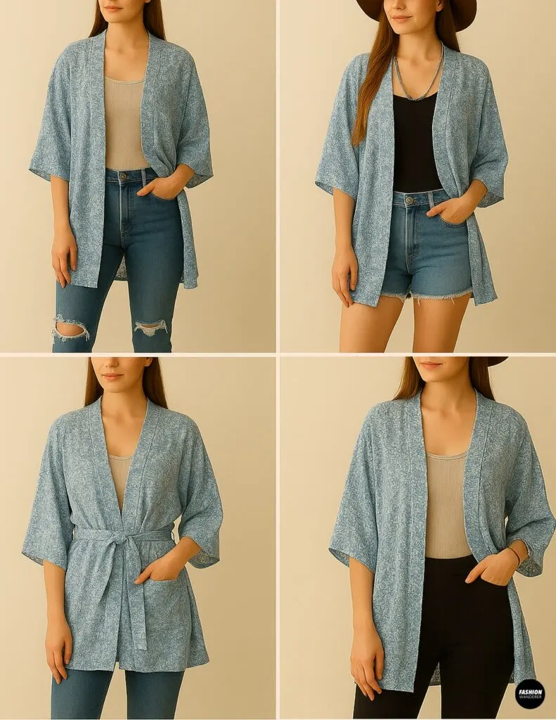 Grid of four lifestyle shots of a model styling a light blue paisley kimono over ripped jeans and sandals, with cutoffs and a floppy hat, belted for a robe look, and layered over long-sleeve tees.
