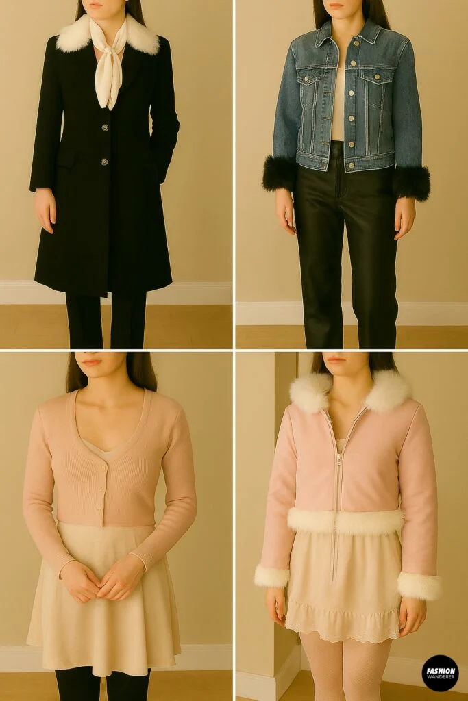 Collage of four outfits styled with fur-trimmed jackets, including Parisian chic wool coat, denim jacket with fur cuffs, romantic pink cardigan jacket, and coquette-inspired pink coat with faux fur trim.