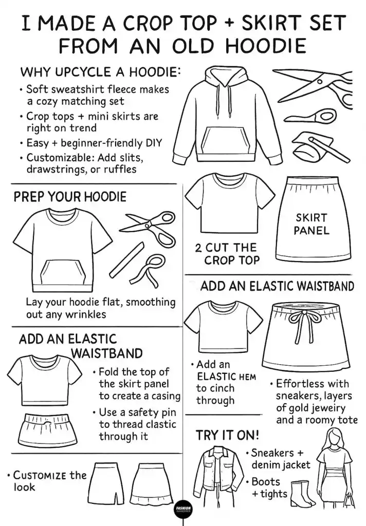 Step-by-step infographic tutorial on how to make a crop top and skirt set from an old hoodie with sewing and cutting instructions.
