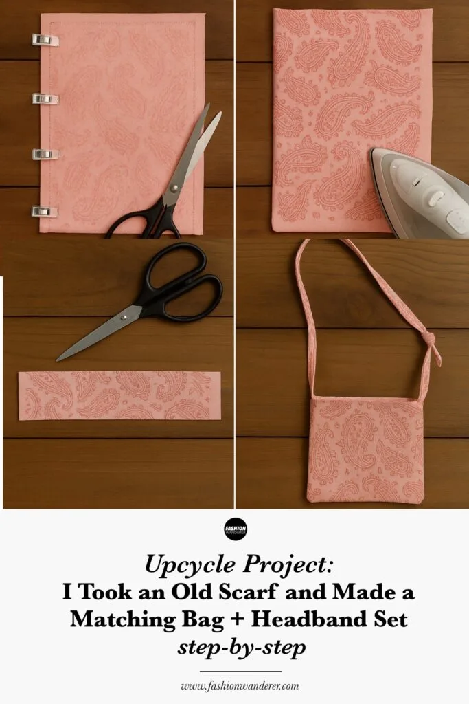 Step by step infograph showing how to transform a scarf into a DIY matching bag and headband set.
