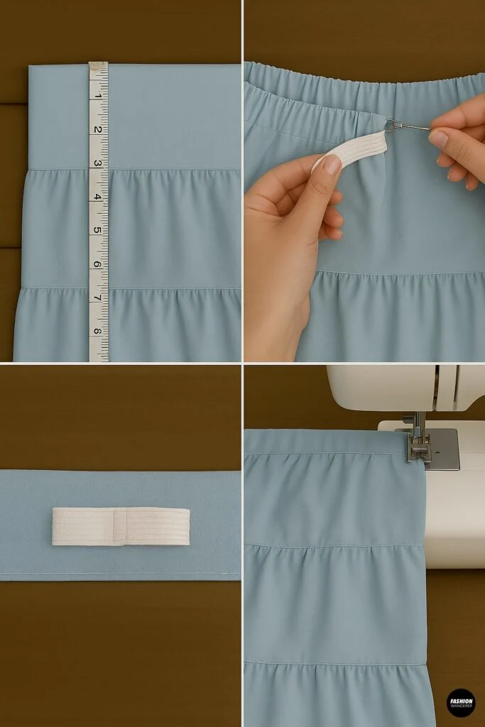 DIY tutorial step inserting elastic into the waistband of a blue ruffled tier skirt using a safety pin and sewing machine.